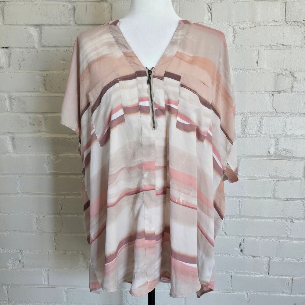 Torrid Pink Beige Watercolor Striped Tunic Plus Size 3┃Zip V-Neck & Dolman┃Boho